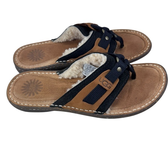 UGG Black and Tan Sandals with T-Strap Design - Picture 2 of 6